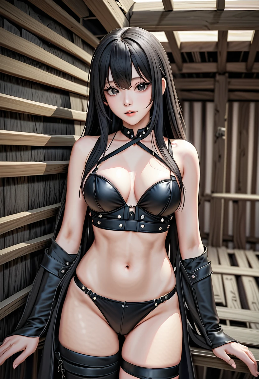 high quality, detailed, Realistic, (19 years old japanese shemale), (detailed black eyes),(long hair),(abs), (shiny skin), (detailed y nippeather bondage),leiny thongs and bra, bulge, dungeon,