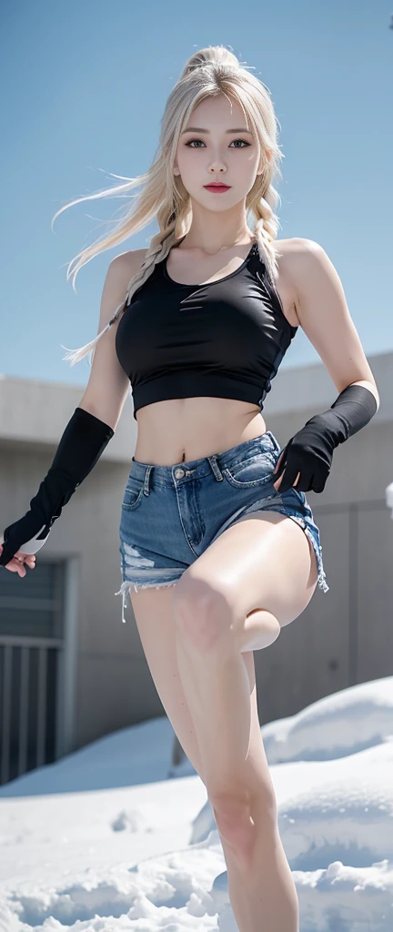 (8K、original photo、Top quality、masterpiece:1.2)、(Realist、Photorealistic:1.37)、Ultra Detailed、Ultra-high resolution、Wearing white navel-baring short-sleeved,Blue denim super shorts,Hourglass figure,Wearing black tactical gloves,sports shoes,blond,Girl with two braids,Close-up of a man practicing a high kick in the snow、Full body close-up,Fighting Stance, Chest High Kick, Perfect kick. Kicking is a very powerful move, A kick in the head,Target your audience,Bullet special effects,Full body close-up,Snowfield background,winter,snow,Explosion effects,Bullet special effects,Smile,White skin、Smooth skin、Extremely beautiful face,Dynamic Angle、Dynamic Lighting