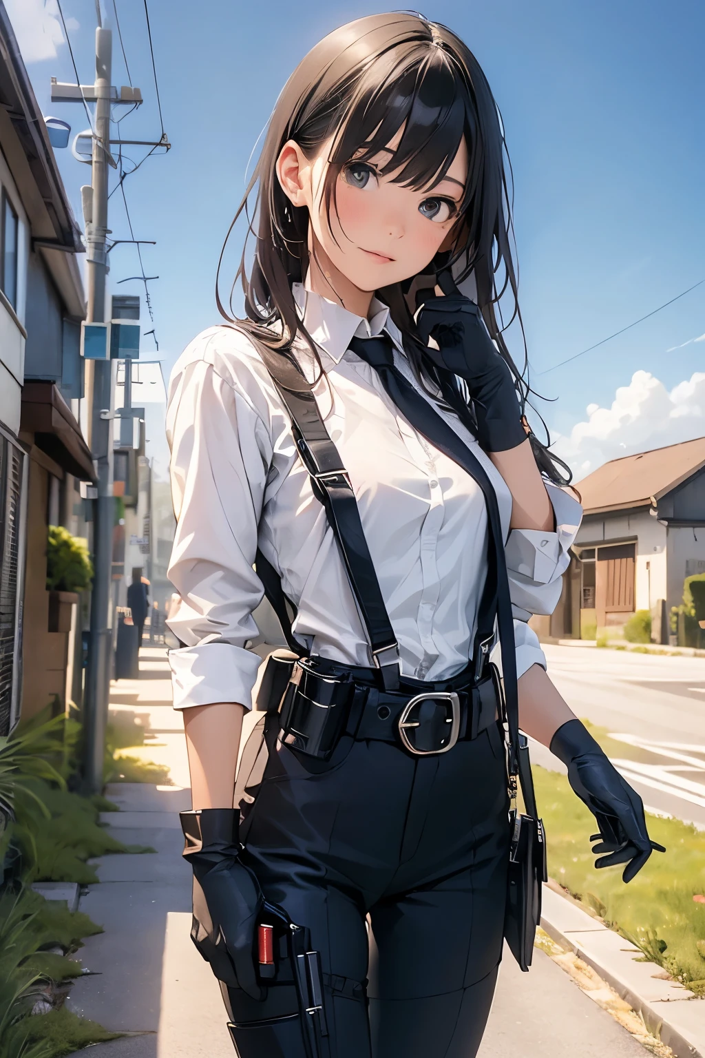 Highest quality, masterpiece, Ultra-high resolution, (realism: 1.4), Oil painting style, Cinema Lighting, An endless grassland dotted with a few houses, I stood on the empty asphalt road and looked at it., Fairy Mountain々was shrouded in mist, And the suspenders with the cranes flying　　　Moderate breasts　 　 　　　　Small face　 　　　holster　　　Beautiful woman　　　　 Lying in bed　Looking up　　　　Sweat 　　　belt　summer　脇Sweat 　Black Hole Gloves　suit　shirt　　Black jacket　 Black trousers　Leg Links　ズボンにbelt　　holster　Nipples show through the top of clothes