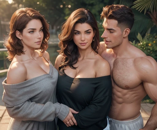ONE tall muscular SHIRTLESS man (man: with short natural hair) with THREE beautiful women of different natural hair colors And different races jogging together, THREE women: looking at the man and hugging him competing for his love, there must be one man and two women, women: Athletic fit bodybuilding muscular 30 year old fitness athlete woman, amazingly long wavy voluminous flowing hair down her back to her thighs beautiful like a waterfall, big beautiful green eyes, MANY freckles on face and body, muscle tone, wet and glistening from sweat, wearing low-rise oversized sweatpants-shorts, ((( IMPORTANT: and a huge loose baggy oversized low-cut comfy big sweatshirt with ONE wide-neck-hole that goes all around off-shoulder and cleavage in one big swoop 1.3))), very tall socks and cute sneakers, very stylish sunglasses, wearing headphones, flowers in hair, muscle definition in shoulders and belly and legs, gorgeous neck and shoulders, curvy, juicy wide hips, thick thighs, nice big muscular ass, mature gorgeous incredible pretty face, grinning, laughing, many tattoos on her body, exercising in a outdoor gym in the morning, yoga mat, Instagram model, (((small breasts 1.3))), (((birds-eye-view-camera-pointed-down and bokeh and incredible colors and professional photographer with a sense of the dynamic and having depth 1.3 ))) k, SFW, abs,photorealistic,super long hair, incredible outfit that makes sense practically and beautifully for an autumn morning when it's sunny but a little windy, , headband, all clothes are one color,
