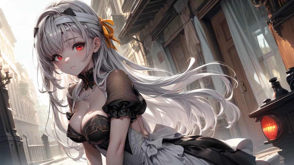 ((((Obra maestra, La mejor calidad, ultrahigh resolution)))), 1girl, standing, (cute maid costume), ((long pure silver hair and grey mesh hair, hair over eye)), long hair cut, pale skin, ((red eyes)), glowing_eyes, neon eyes, (ultra detailed eyes:0.7, beautiful and detailed face, detailed eyes:0.9), ((centered)), smile, ((wide shot)), facing viewer, ((vibrant background, bright lighting, summer, sunlight)), flat chested, looking at viewer, ((half closed eyes)), ((perfect hands)), (((head:1, arms, hips in view, elbows, arms, legs, in view))), ((hands behind back)), empty eyes, beautiful lighting, ((outside, outdoors)), defined subject, head tilt, (((gritty)), ((creepy)), ((cool)), ((beautiful)), (((SFW)))