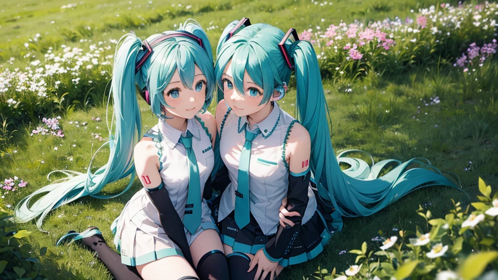 There is Hatsune Miku and an Irish meadow in the background.。