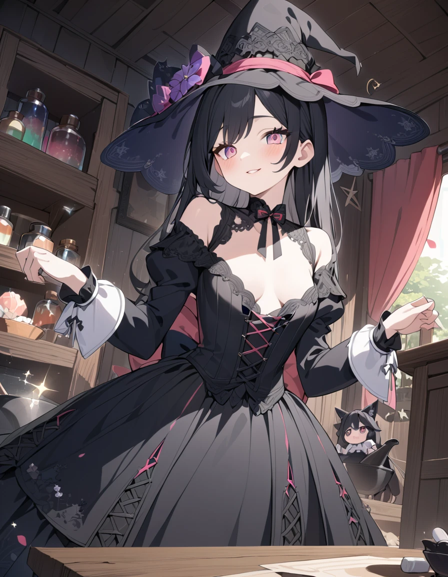 (best quality,4k,highres), pink-eyed,long black hair,girl looks happy,beautiful detailed eyes,beautiful detailed lips,long eyelashes,best quality portrait painting,detailed,physically-based rendering,ultra-fine painting,fine details,painting,a age boy has joined a witch coven and gets magically transformed into a cute teenwitch girl,gender bending,witches are helping putting clothes on the new girl,girl happily getting dressed in a stunning black victorian dress, physically-based rendering,gorgeous dress design,flowing gown,elaborate lace details,rich textures,contrast stitching,delicate ribbon bows,floral accents,full skirt,high neckline,long sleeves,fitted waistline,flared cuffs,lace-up back,imperfect fabrics,flawless silhouette,high heels, pink-eyed girl,effeminate face,pointy hat,long black hair,witches assisting in dressing up the new girl,promptly helps the new girl getting dressed in a stunning black Victorian dress, in a old wooden dark cabin with worned out furniture, magic sparkles, magic pot, potions on a shelf, pentagram, high resolution, 4K, 8K