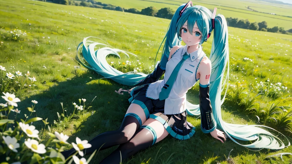 There is Hatsune Miku and an Irish meadow in the background.。