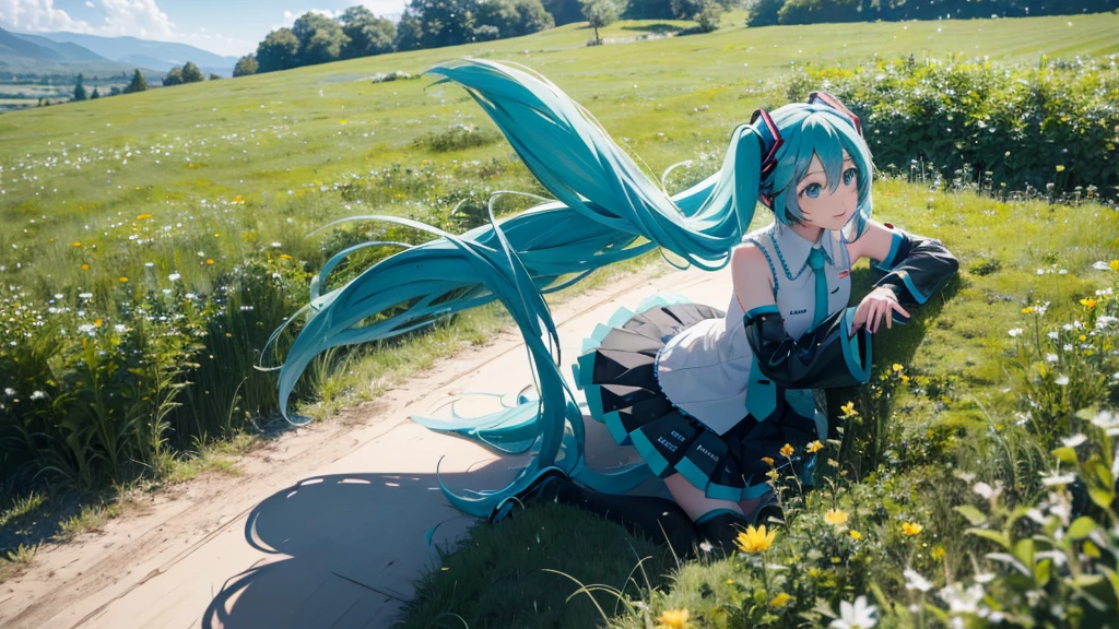 There is Hatsune Miku and an Irish meadow in the background.。