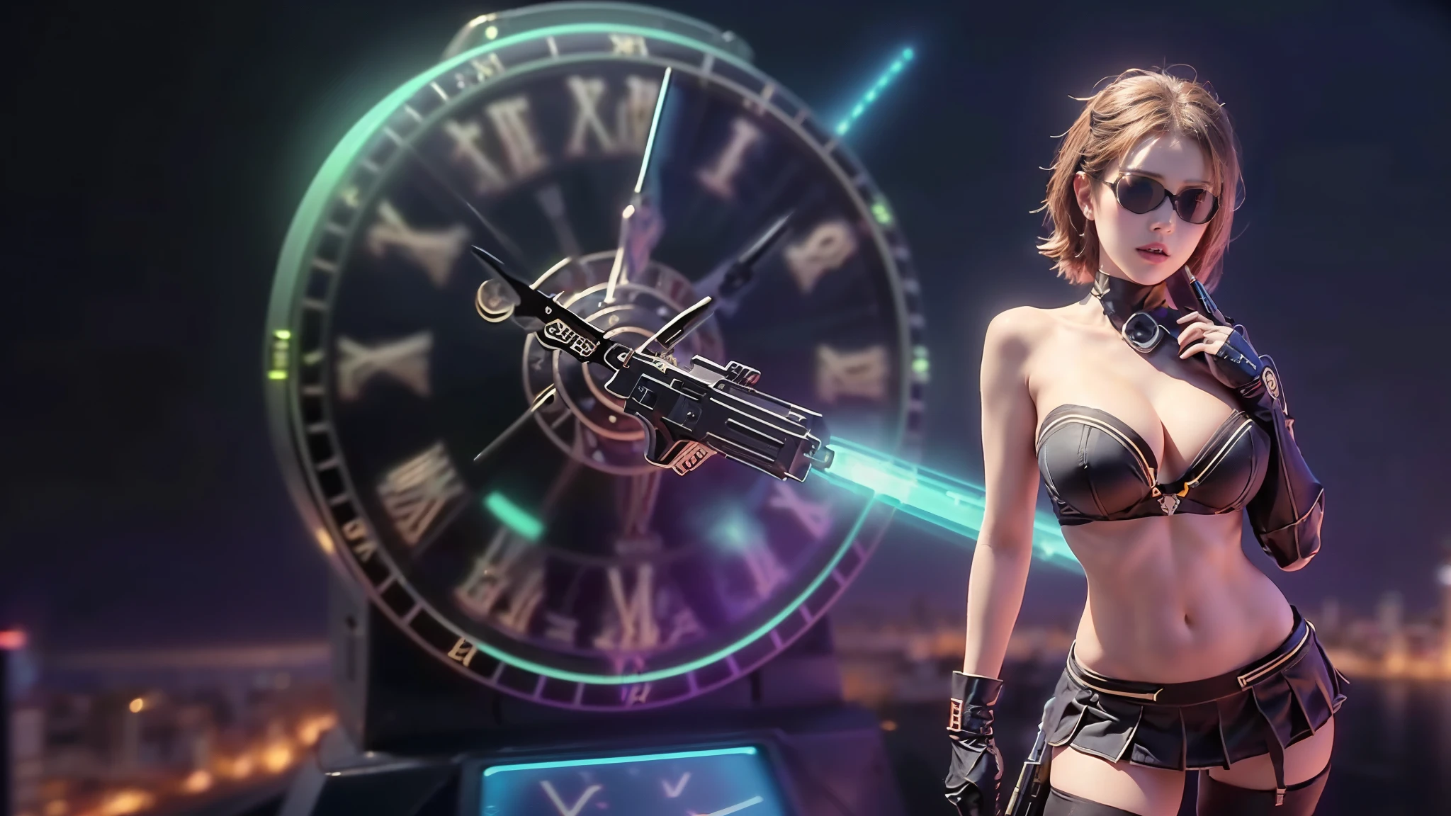 (aerial view). at night, futuristic sci-fi cyberpunk city, broad viaduct, skyscrapers at the end of the viaduct, the movie "13th Floor" style, (((((voltex-spirit-spreading giant clock tower as time machine))))), hq. Matrix style, at night, (1girl, solo), photo realistic, (large-breast:1.2 slim body, cleavage:1.3), (((tube top, extreamly short pleated (((miniskirt))) exposing panty))), (((((matrix style black sunglasses))))), (((((aiming at camera with a (short pistol)))))), (((half-body (thigh level) medium shot))), (cinematic lighting).