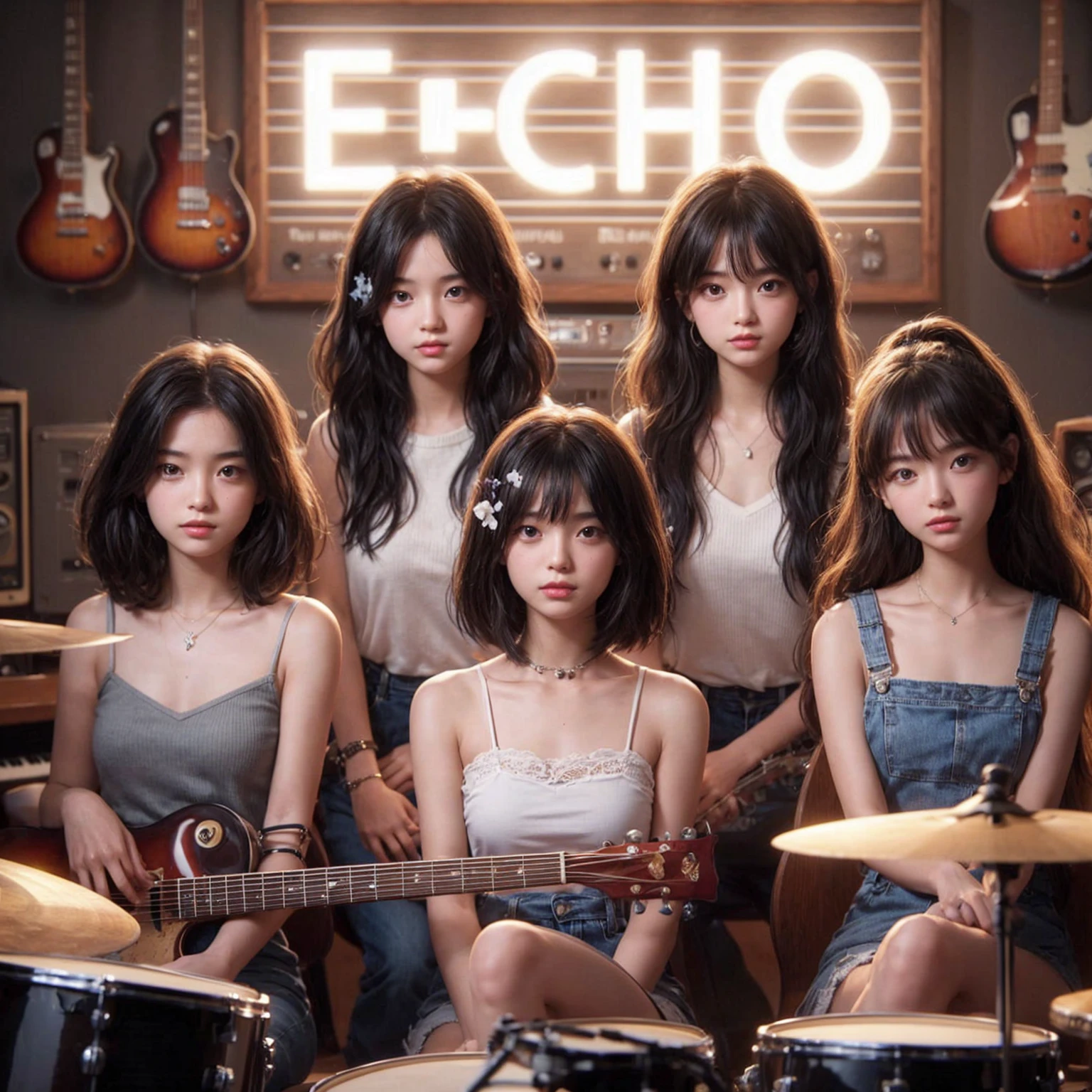 **Photo of 5 beautiful girls, aged 18 to 20, sitting:**
- **3 girls with messy black hair**
- **1 girl with wavy bob black hair**
- **1 girl with a black ponytail**
One girl is playing the drums, one girl is playing the piano, one girl is playing the bass guitar, one girl is playing the guitar, and one girl is singing. They are sitting behind a board with the word "ECHO" written on it. The background is a music studio, complete with drums, guitars, bass guitar, and piano. The image is ultra HD, 4k, photorealistic, raw, and a masterpiece.