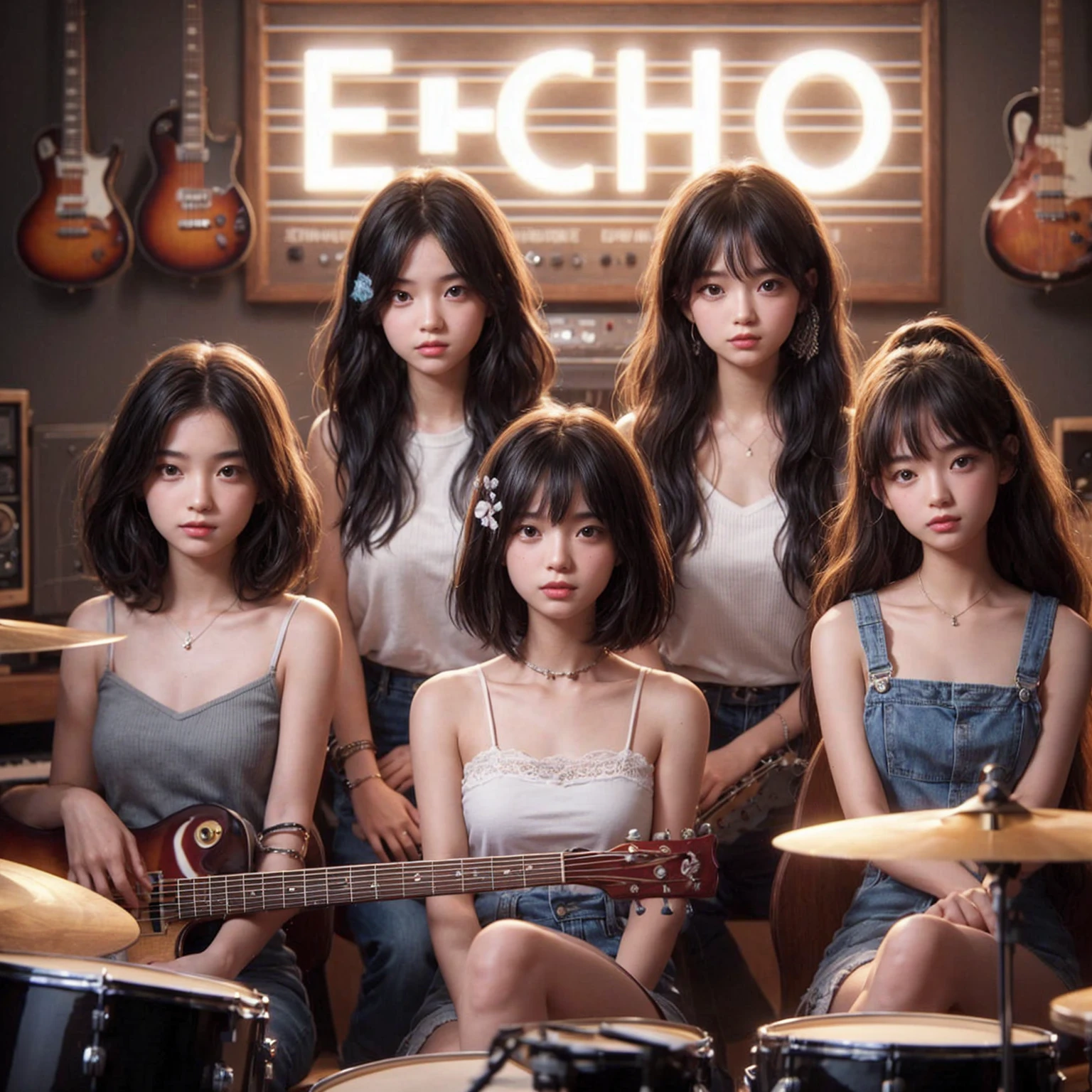 **Photo of 5 beautiful girls, aged 18 to 20, sitting:**
- **3 girls with messy black hair**
- **1 girl with wavy bob black hair**
- **1 girl with a black ponytail**
One girl is playing the drums, one girl is playing the piano, one girl is playing the bass guitar, one girl is playing the guitar, and one girl is singing. They are sitting behind a board with the word "ECHO" written on it. The background is a music studio, complete with drums, guitars, bass guitar, and piano. The image is ultra HD, 4k, photorealistic, raw, and a masterpiece.
