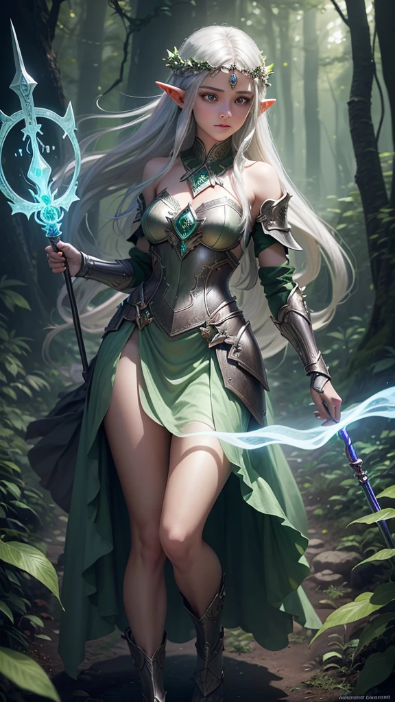 A young, adventurous female elf warrior standing in a mystical forest. She has long, flowing silver hair and piercing green eyes. Her armor is made of intricately designed silver and green metals, adorned with emeralds. She holds a glowing, ancient staff in her right hand and a small, enchanted shield in her left. The forest is dense with ancient trees, bioluminescent plants, and soft mist swirling around her feet. The mood is magical and mysterious, realistic, 4k, beautiful big eyes