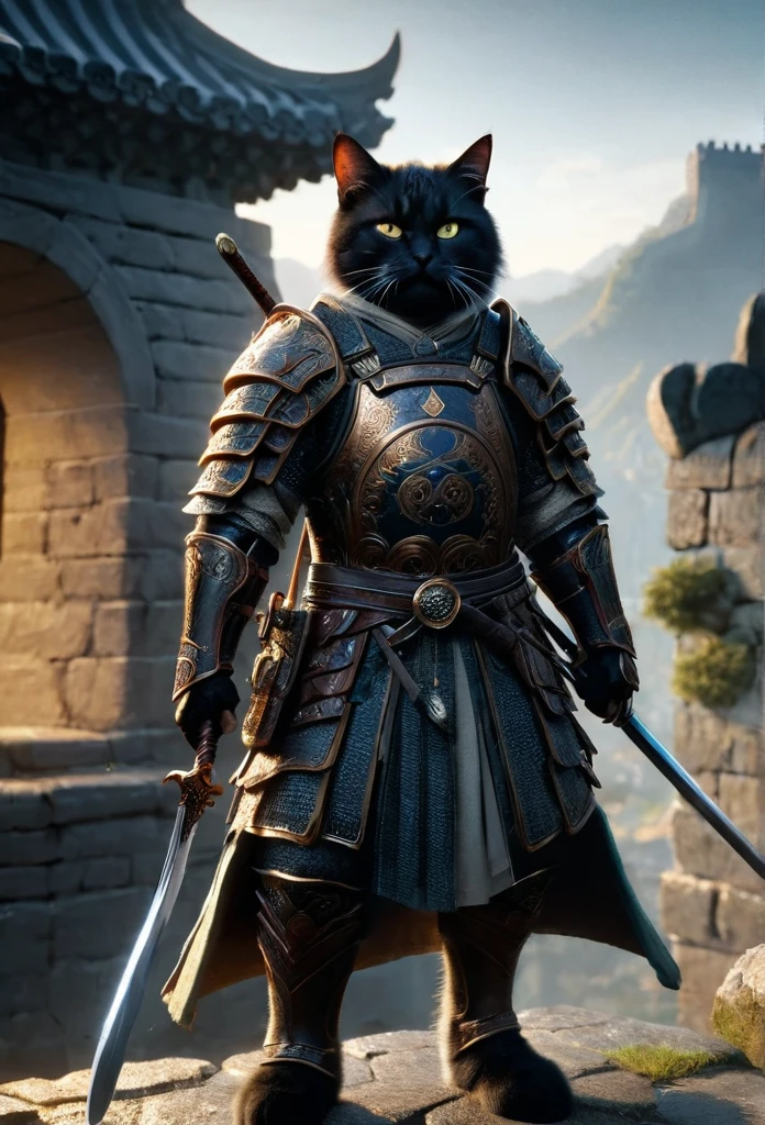 official art, unified 8k wallpaper, super detailed, Beautiful and beautiful, masterpiece, best quality, to movies《lord of the ring》style of，Real-life scenarios，Epic war scenes，(a Chinese Domestic Cat warrior:1.4)，(full body:1.2), Put on exquisite armor，holding a longsword，In battle，The Great Wall background，Cool colors，texture，Ray tracing，