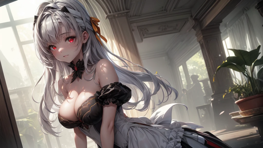 ((((Obra maestra, La mejor calidad, ultrahigh resolution)))), 1girl, standing, (cute maid costume), ((long pure silver hair and grey mesh hair, hair over eye)), long hair cut, pale skin, ((red eyes)), glowing_eyes, neon eyes, (ultra detailed eyes:0.7, beautiful and detailed face, detailed eyes:0.9), ((centered)), smile, ((wide shot)), facing viewer, ((vibrant background, bright lighting, summer, sunlight)), flat chested, looking at viewer, ((half closed eyes)), ((perfect hands)), (((head:1, arms, hips in view, elbows, arms, legs, in view))), ((hands behind back)), empty eyes, beautiful lighting, ((outside, outdoors)), defined subject, head tilt, (((gritty)), ((creepy)), ((cool)), ((beautiful)), (((SFW)))