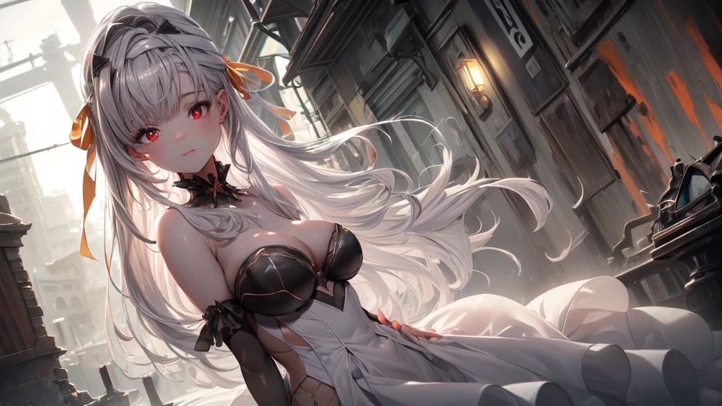 ((((Obra maestra, La mejor calidad, ultrahigh resolution)))), 1girl, standing, (cute maid costume), ((long pure silver hair and grey mesh hair, hair over eye)), long hair cut, pale skin, ((red eyes)), glowing_eyes, neon eyes, (ultra detailed eyes:0.7, beautiful and detailed face, detailed eyes:0.9), ((centered)), smile, ((wide shot)), facing viewer, ((vibrant background, bright lighting, summer, sunlight)), flat chested, looking at viewer, ((half closed eyes)), ((perfect hands)), (((head:1, arms, hips in view, elbows, arms, legs, in view))), ((hands behind back)), empty eyes, beautiful lighting, ((outside, outdoors)), defined subject, head tilt, (((gritty)), ((creepy)), ((cool)), ((beautiful)), (((SFW)))