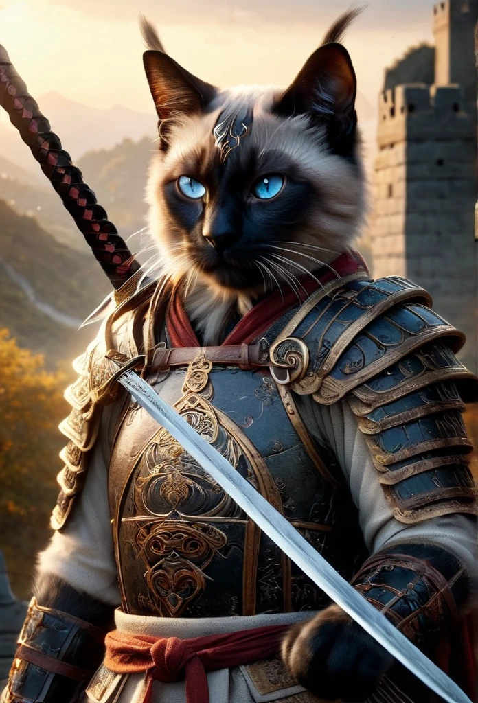 official art, unified 8k wallpaper, super detailed, Beautiful and beautiful, masterpiece, best quality, to movies《lord of the ring》style of,Real-life scenarios,Epic war scenes,(a Siamese Cat warrior:1.4),(full body:1.2), Put on exquisite armor,holding a longsword,In battle,The Great Wall background,Cool colors,texture,Ray tracing,