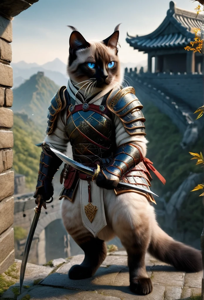 official art, unified 8k wallpaper, super detailed, Beautiful and beautiful, masterpiece, best quality, to movies《lord of the ring》style of，Real-life scenarios，Epic war scenes，(a Siamese Cat warrior:1.4)，(full body:1.2), Put on exquisite armor，holding a longsword，In battle，The Great Wall background，Cool colors，texture，Ray tracing，
