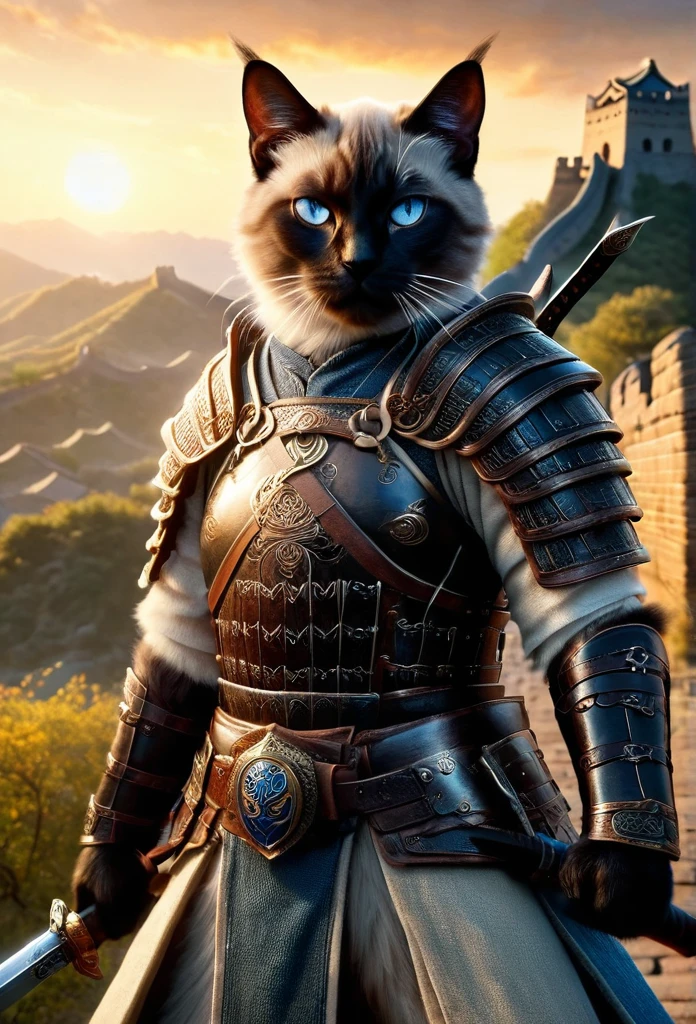 official art, unified 8k wallpaper, super detailed, Beautiful and beautiful, masterpiece, best quality, to movies《lord of the ring》style of，Real-life scenarios，Epic war scenes，(a Siamese Cat warrior:1.4)，(full body:1.2), Put on exquisite armor，holding a longsword，In battle，The Great Wall background，Cool colors，texture，Ray tracing，