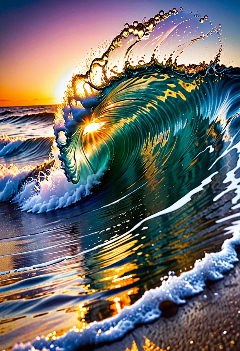 Captured a stunning wave at sunset on a tropical beach. The foreground is dominated by a large, curling wave, photographed from inside the barrel. The wave's surface is intricately detailed, showing the play of light and water droplets, creating a mesmerizing texture and pattern. The wave appears to be backlit, with golden sunlight filtering through its crest, creating a dramatic contrast against the deep blue water. Droplets and spray are visible at the top of the wave, frozen in time by the high-speed photography. In the background, a picturesque tropical shoreline is visible. Palm trees line the beach, their silhouettes stark against the colorful sky. The sunset paints the sky in soft hues of blue, pink, and orange, reflecting off the water's surface and creating a warm, golden glow on the beach.
