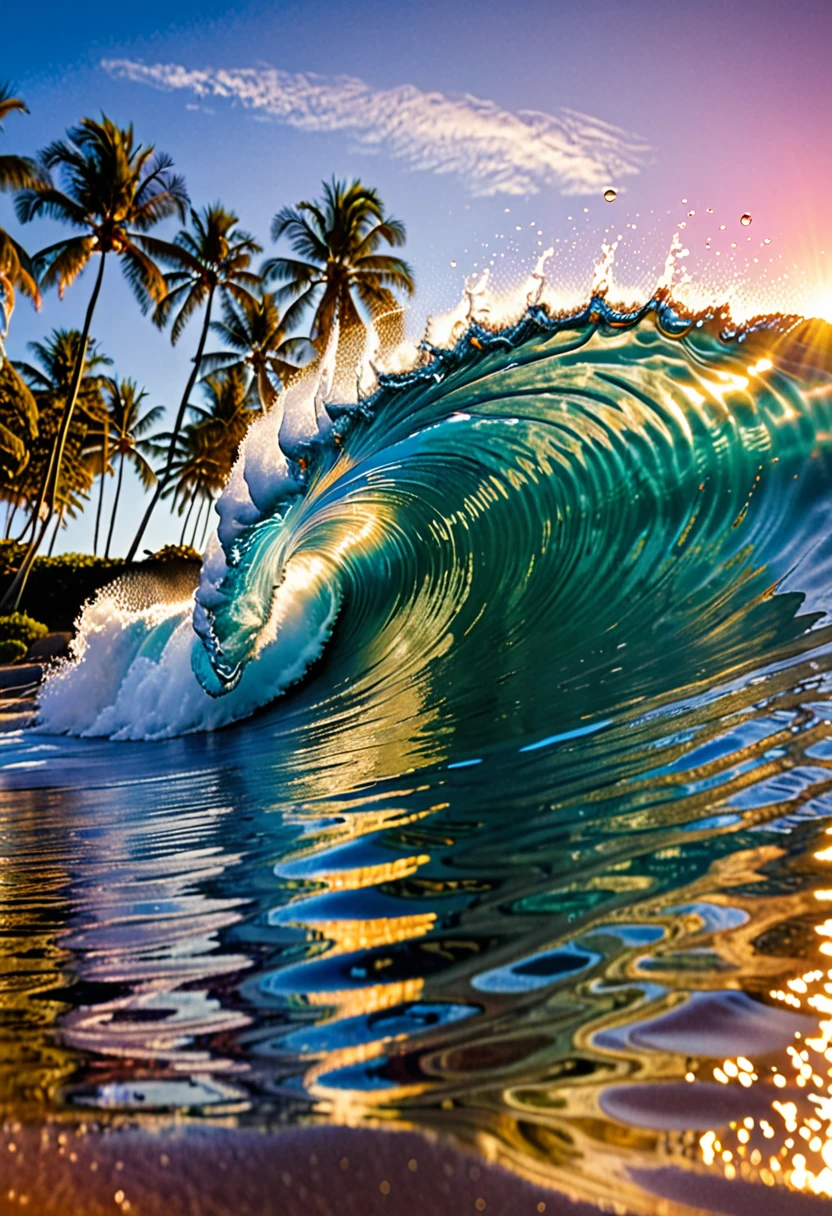Captured a stunning wave at sunset on a tropical beach. The foreground is dominated by a large, curling wave, photographed from inside the barrel. The wave's surface is intricately detailed, showing the play of light and water droplets, creating a mesmerizing texture and pattern. The wave appears to be backlit, with golden sunlight filtering through its crest, creating a dramatic contrast against the deep blue water. Droplets and spray are visible at the top of the wave, frozen in time by the high-speed photography. In the background, a picturesque tropical shoreline is visible. Palm trees line the beach, their silhouettes stark against the colorful sky. The sunset paints the sky in soft hues of blue, pink, and orange, reflecting off the water's surface and creating a warm, golden glow on the beach.