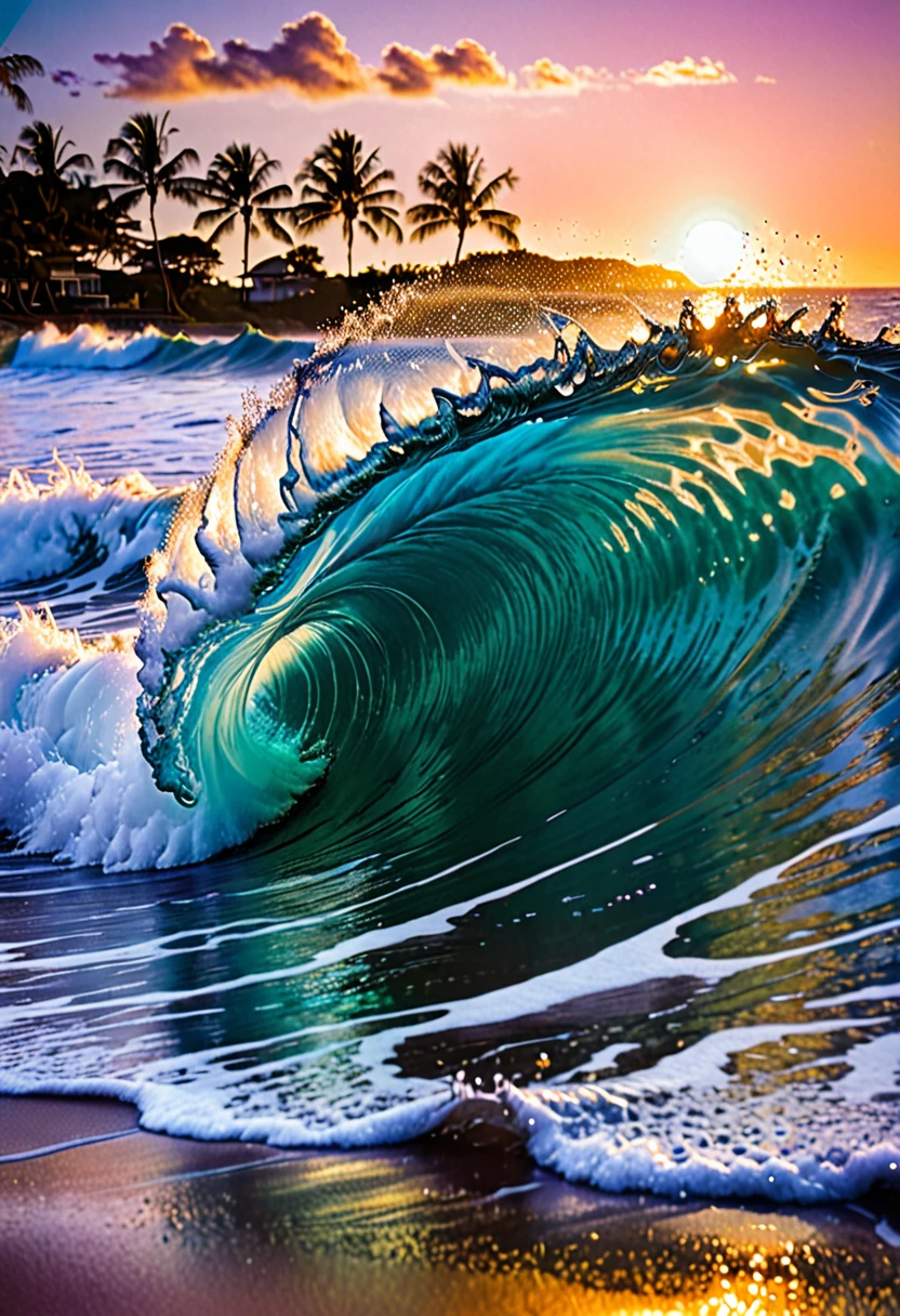 Captured a stunning wave at sunset on a tropical beach. The foreground is dominated by a large, curling wave, photographed from inside the barrel. The wave's surface is intricately detailed, showing the play of light and water droplets, creating a mesmerizing texture and pattern. The wave appears to be backlit, with golden sunlight filtering through its crest, creating a dramatic contrast against the deep blue water. Droplets and spray are visible at the top of the wave, frozen in time by the high-speed photography. In the background, a picturesque tropical shoreline is visible. Palm trees line the beach, their silhouettes stark against the colorful sky. The sunset paints the sky in soft hues of blue, pink, and orange, reflecting off the water's surface and creating a warm, golden glow on the beach.