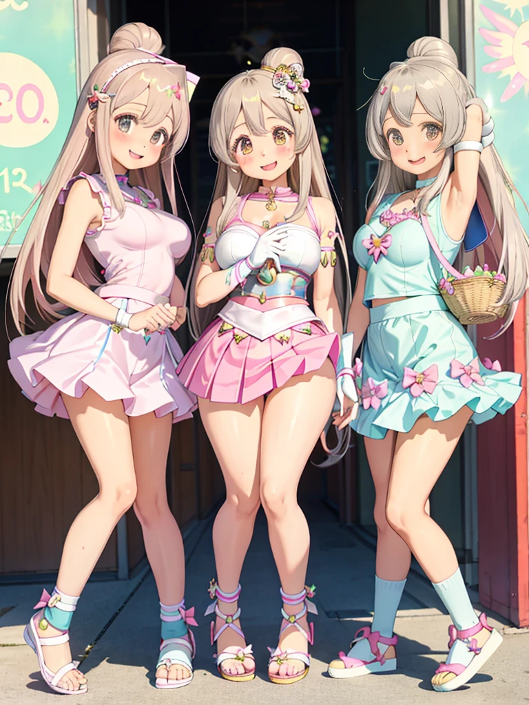 detailed background、highest quality、teenage beauty((3 people:1.5))、cute hairstyle、Japanese:1.5,huge breasts、smile、(very tight magical girl:1.4)、Choose tight magical girl clothes with floral patterns or pastel colors、Pair your feet with flat sandals or sneakers..、Add accents with a basket bag or headband、By incorporating spring-like bright colors and patterns,Creates a gorgeous and cute impression,(Armpit milk:40%),(Underboob:70%)
,(skirt lift:40%)