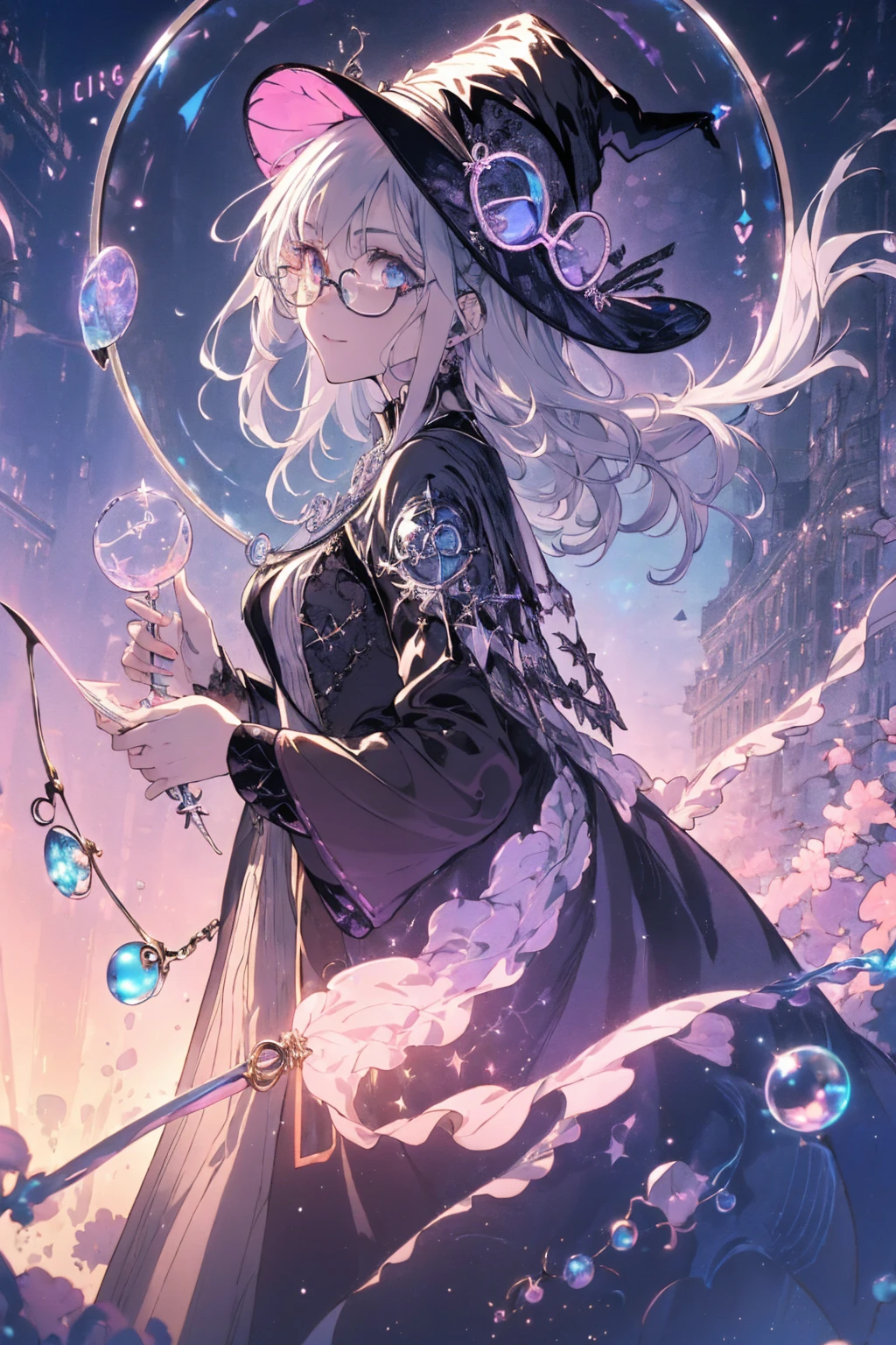 (witchcraft photo:1.1,in neon downtown:1.5), Masterpiece, best quality, (very detailed CG unity 8k wallpaper), (best quality), High definition RAW color art, Animation,sculptures, (silver Marble Skin), (((Ultra detailed elegant))), Magical atmosphere, Detailed skin, Texture,(Intricately detailed, Fine detail, ultra-detail art), depth of fields, bokeh, Silky Touch, Hyper Detail, beautiful eyes, Elegant Face, (ローブ, profile, looking here), sparkle background, (silver hair), pastel purple, fat, shorthair, dress, フリル, witchcraft hat, (Round Glass:1.4), enormous breast, リボン, kawaii smile