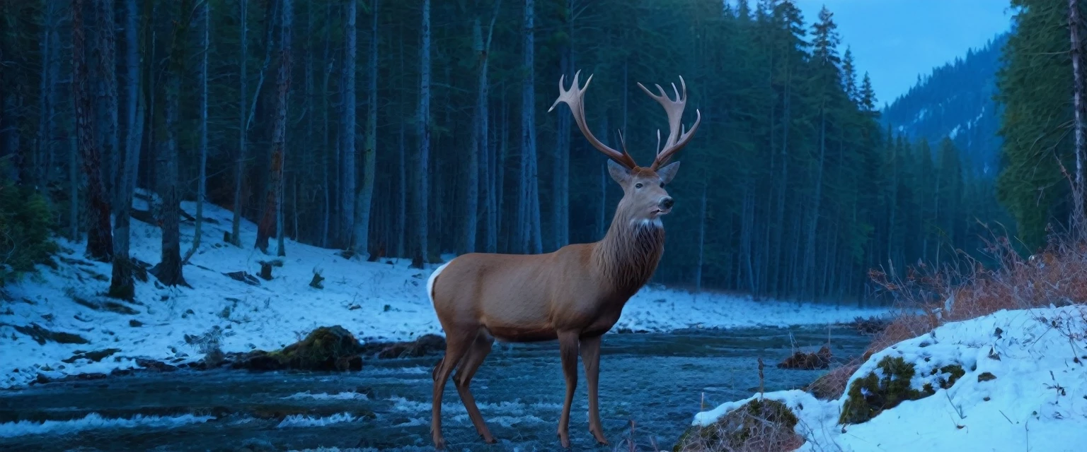 (masterpiece, 8K, UHD, RAW), A large North American red deer with- large antlers, the deer is a large male buck standing in the clearing of the great red wood Forest, there is a distant waterfall, and snow capped mountains, deep blue sky and vivid colours, there's a beautiful nude blonde woman standing near the deer, she has long hair and large breasts