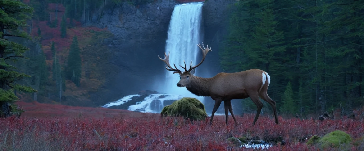 (masterpiece, 8K, UHD, RAW), A large North American red deer with- large antlers, the deer is a large male buck standing in the clearing of the great red wood Forest, there is a distant waterfall, and snow capped mountains, deep blue sky and vivid colours, there's a beautiful nude blonde woman standing near the deer, she has long hair and large breasts