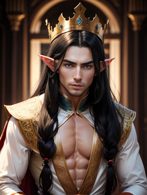 male elf, 30 year old, long black hair, beautiful face, rosto liso, symmetrical chin, serious expression, muscled body, silk clothing, crown on head, Royal Palace.