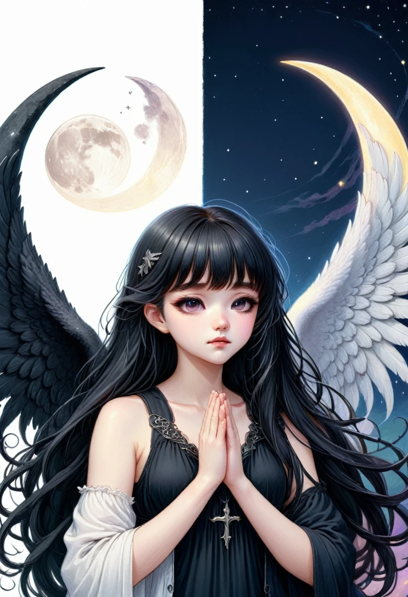 a girl, divided into two halves, left half white angel, right half black demon, anime style, long hair with bangs, hands in prayer, background is white crescent moon, eyes closed, cute, detailed art style, pastel colors, digital painting, fantasy, art nouveau style