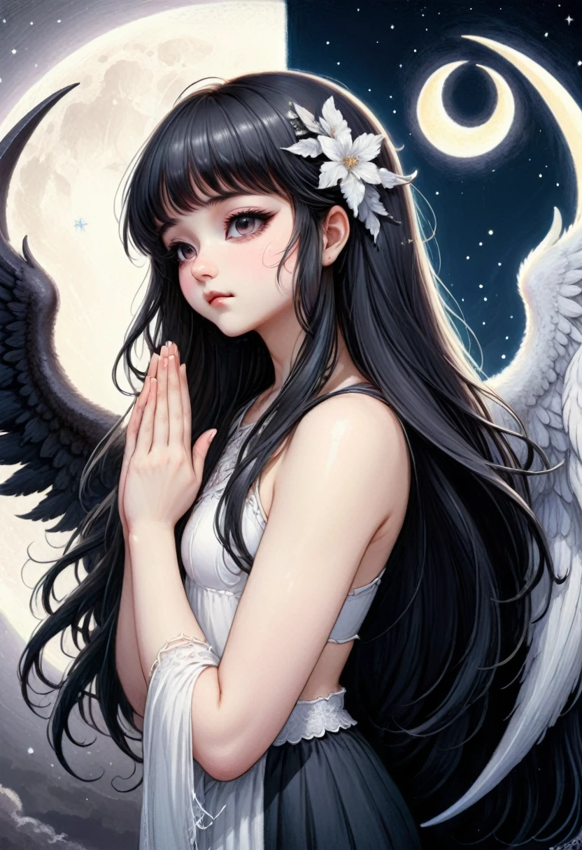 a girl, divided into two halves, left half white angel, right half black demon, anime style, long hair with bangs, hands in prayer, background is white crescent moon, eyes closed, cute, detailed art style, pastel colors, digital painting, fantasy, art nouveau style
