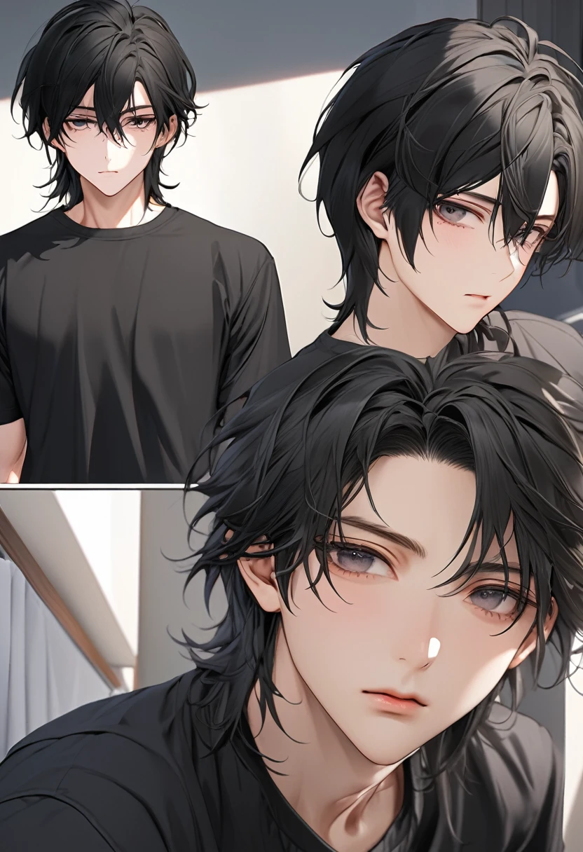 A high, handsome, perfect body, black hair, short hair, mullet, black eyes, upturned eyes, expressionless, black shirt, anime, first-person view, masterpiece, anatomically correct, high details, highres, best quality, super detail, 1080P