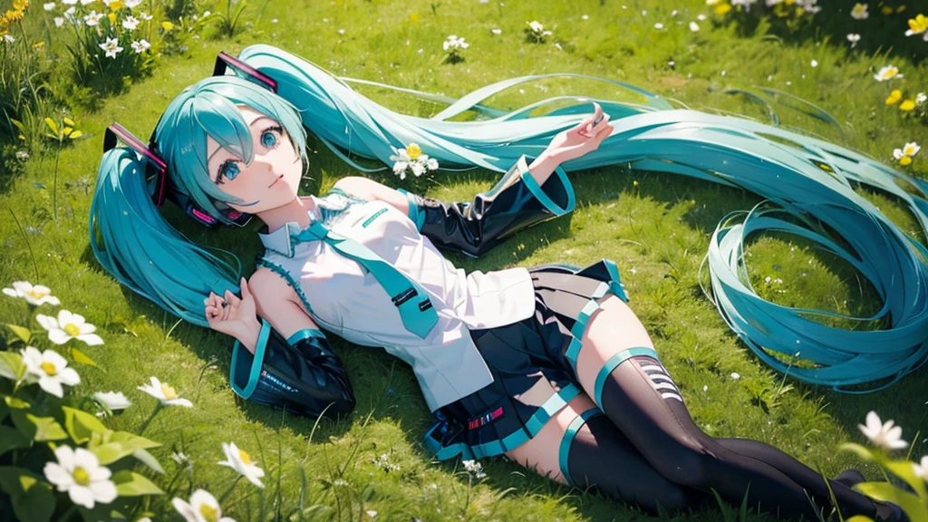 There is Hatsune Miku and an Irish meadow in the background.。