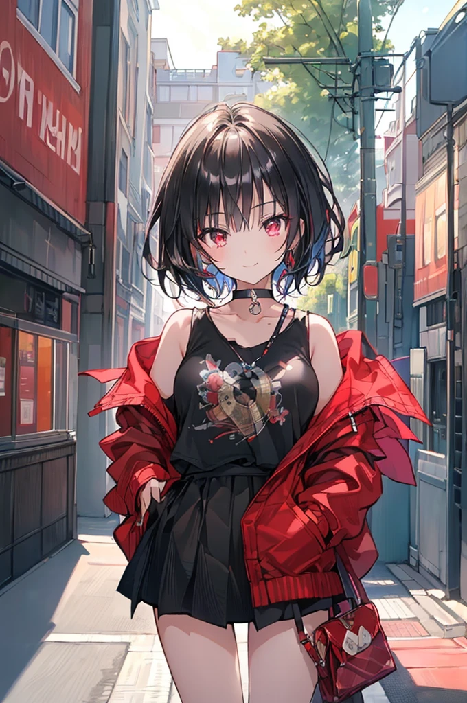 (masterpiece, highest quality, highest quality, (No text), Beautiful and aesthetic:1.2),No text,アニメ、BREAK,One Girl,Black Hair Girl short hair older sister choker Tree Eyes Beautiful eyes Red eyes cool smile Red and Black Black jacket mini skirt whole body In town