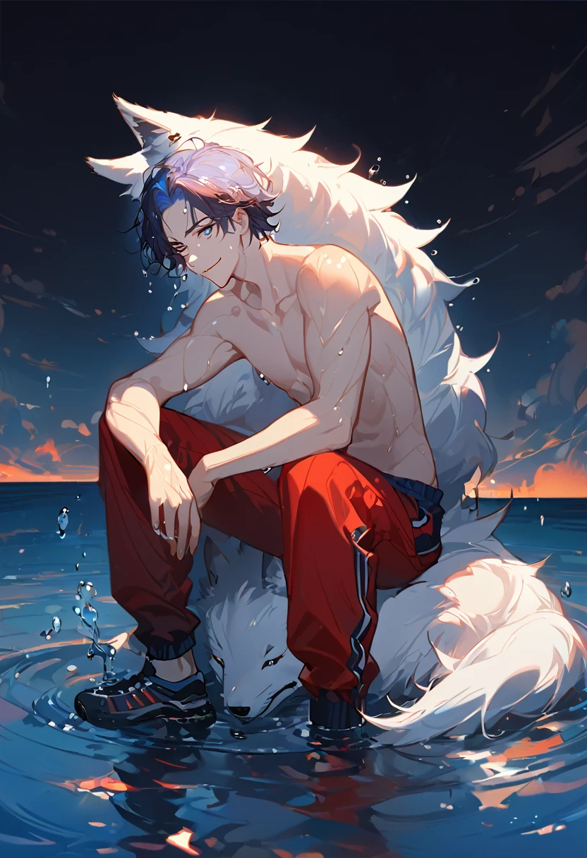 solo, ((male with short dark blue hair with red strip hair and dark blue hair with red gradient), (bare chest), (topless), (muscle), ( jogger pants), (wet), (dripping wet body and hair), (water dripping), (sitting), (one hand rest on the knee), (big white wolf resting on the back)), (bangs), (blue eyes with red gradient), (pale skin), (smirk), ((high quality)), (extremely detailed),8k, 4k, clean line art, detailed line art, resting on the big wolf, white big wolf, simple background, water background, dark background, not bulky, no top clothes, inspired by Asukaziye artist : ask, art style : ask