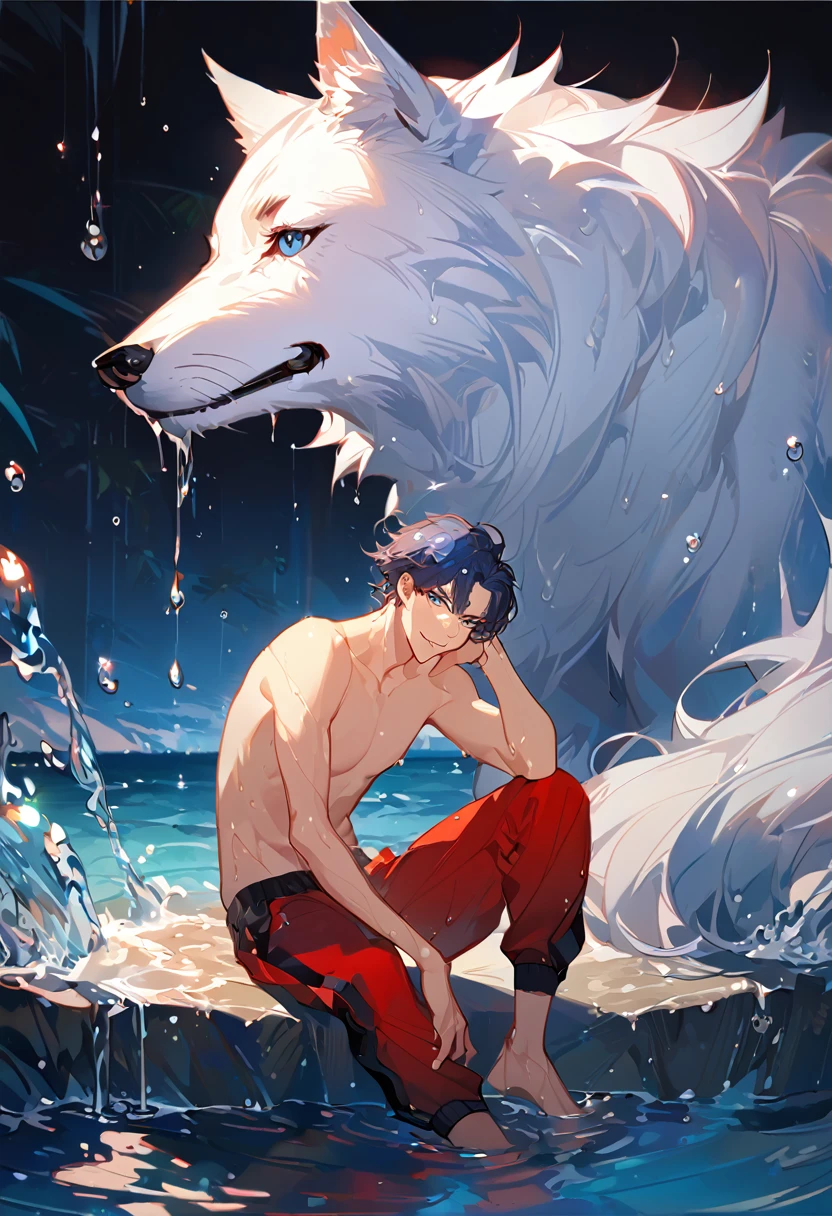 solo, ((male with short dark blue hair with red strip hair and dark blue hair with red gradient), (bare chest), (topless), (muscle), ( jogger pants), (wet), (dripping wet body and hair), (water dripping), (sitting), (one hand rest on the knee), (big white wolf resting on the back)), (bangs), (blue eyes with red gradient), (pale skin), (smirk), ((high quality)), (extremely detailed),8k, 4k, clean line art, detailed line art, resting on the big wolf, white big wolf, simple background, water background, dark background, not bulky, no top clothes, inspired by Asukaziye artist : ask, art style : ask
