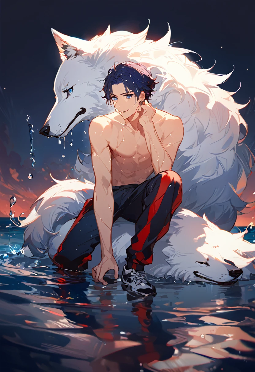 solo, ((male with short dark blue hair with red strip hair and dark blue hair with red gradient), (bare chest), (topless), (muscle), ( jogger pants), (wet), (dripping wet body and hair), (water dripping), (sitting), (one hand rest on the knee), (big white wolf resting on the back)), (bangs), (blue eyes with red gradient), (pale skin), (smirk), ((high quality)), (extremely detailed),8k, 4k, clean line art, detailed line art, resting on the big wolf, white big wolf, simple background, water background, dark background, not bulky, no top clothes, inspired by Asukaziye artist : ask, art style : ask