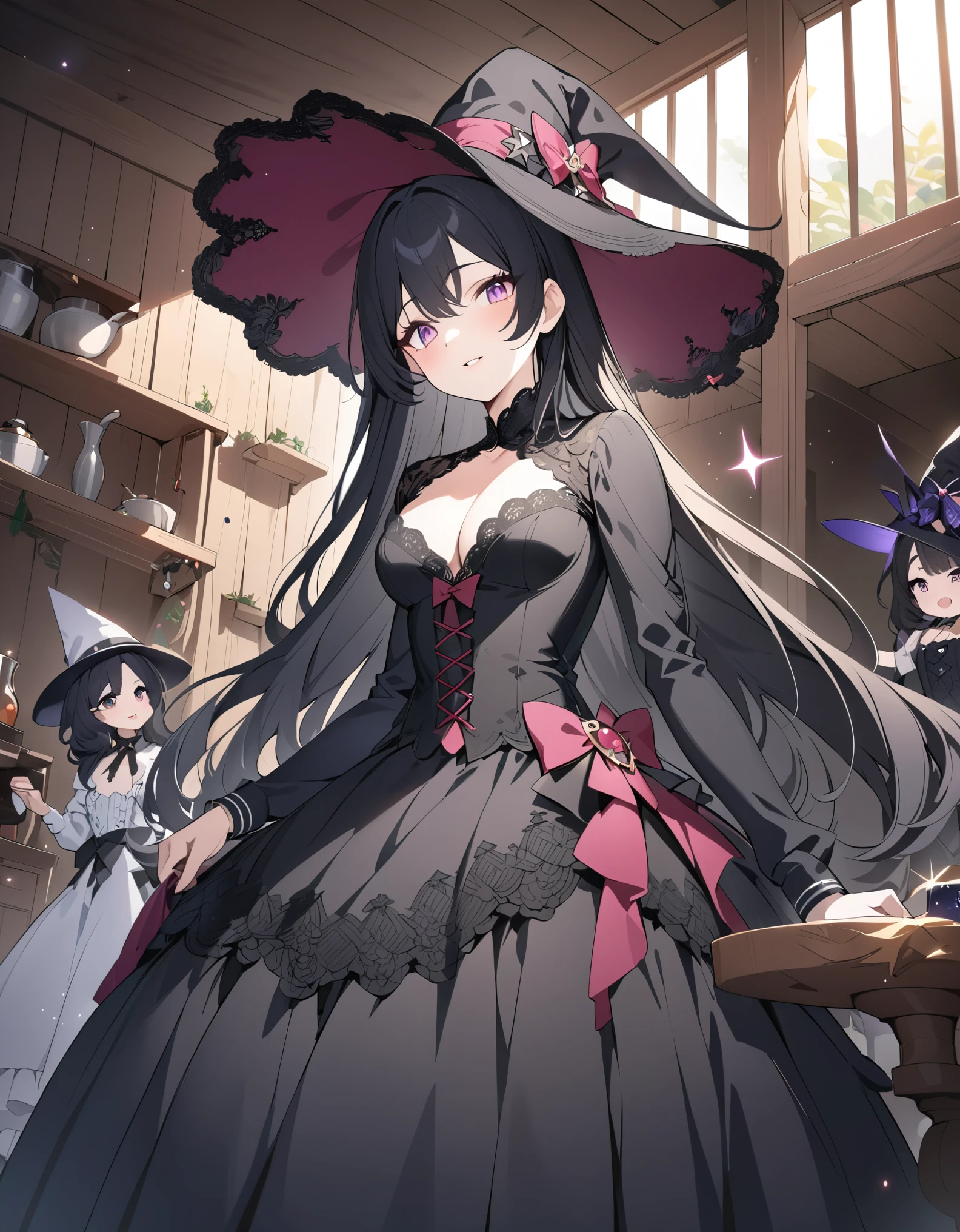 (best quality,4k,highres), pink-eyed,long black hair,girl looks happy,beautiful detailed eyes,beautiful detailed lips,long eyelashes,best quality portrait painting,detailed,physically-based rendering,ultra-fine painting,fine details,painting,a teenage boy has joined a witch coven and gets magically transformed into a cute teenage witch girl,gender bending,witches are helping putting clothes on the new girl,girl happily getting dressed in a stunning black victorian dress, physically-based rendering,gorgeous dress design,flowing gown,elaborate lace details,rich textures,contrast stitching,delicate ribbon bows,floral accents,full skirt,high neckline,long sleeves,fitted waistline,flared cuffs,lace-up back,imperfect fabrics,flawless silhouette,high heels, pink-eyed girl,effeminate face,pointy hat,long black hair,witches assisting in dressing up the new girl,promptly helps the new girl getting dressed in a stunning black Victorian dress, in a old wooden dark cabin with worned out furniture, magic sparkles, magic pot, potions on a shelf, pentagram, high resolution, 4K, 8K