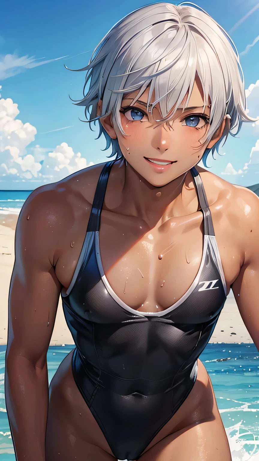 highest quality、Realistic、Silver Hair、Light blue eyes、Very Short Hair、One piece swimsuit、Tanned black body、A well-trained body、athlete、Tan Skin、Brown black skin、slender、boyish、Sweat、smile、Ocean、Bust Shot