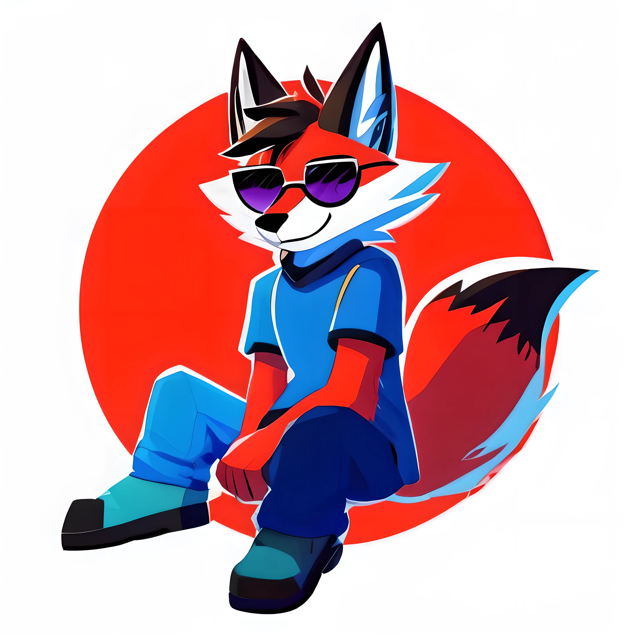 high-quality ,male ,white background, humorous illustration of a fox, mischievous expression, sitting nonchalantly, relaxed pose, masterpiece, UHD, 4k, slightly anthropomorphized, cool accessory like sunglasses or cheeky smirk, simple clean style, bold lines, vibrant colors, minimalist background