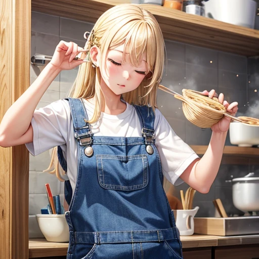 A woman making udon noodles　Eyes closed　Overalls　Blonde