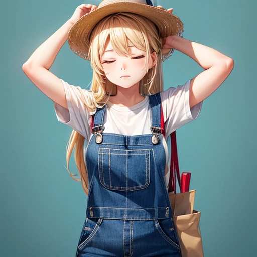 A woman making udon noodles　Eyes closed　Overalls　Blonde