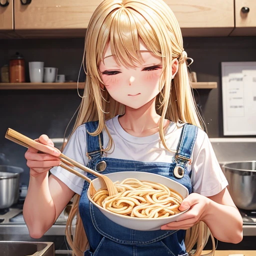 A woman making udon noodles　Eyes closed　Overalls　Blonde