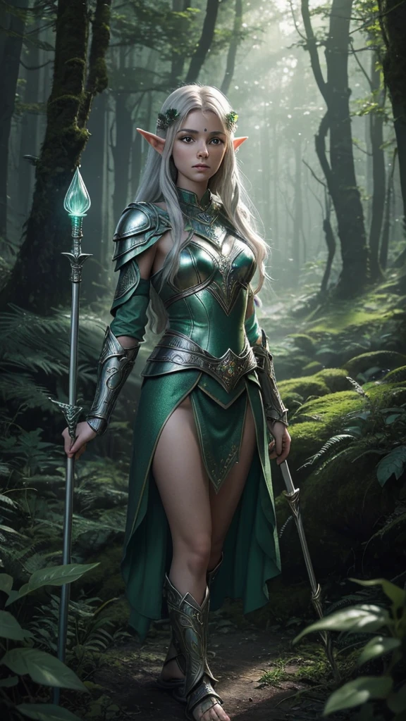 A young, adventurous female elf warrior standing in a mystical forest. She has long, flowing silver hair and piercing green eyes. Her armor is made of intricately designed silver and green metals, adorned with emeralds. She holds a glowing, ancient staff in her right hand and a small, enchanted shield in her left. The forest is dense with ancient trees, bioluminescent plants, and soft mist swirling around her feet. The mood is magical and mysterious, realistic, 4k, beautiful big eyes