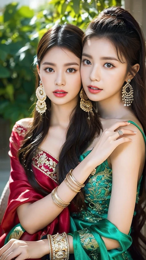 The percentage is the same for all races., All faces and photos must be different,Portraits of two vibrant and exotic goddesses,Silk lace,embroidery,Bracelet, Bangles:1.3,Ancient Hair Accessories,