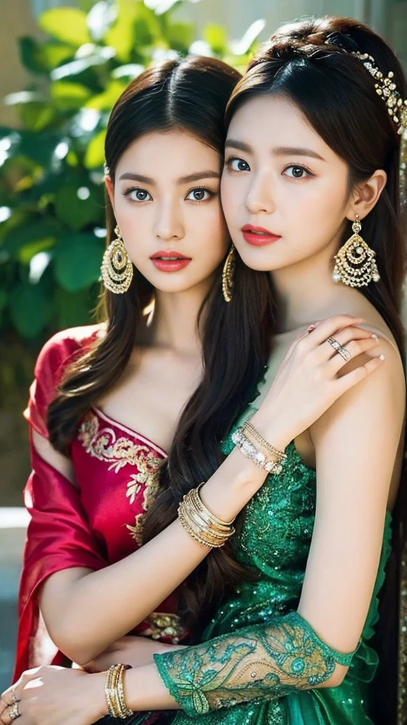 The percentage is the same for all races., All faces and photos must be different,Portraits of two vibrant and exotic goddesses,Silk lace,embroidery,Bracelet, Bangles:1.3,Ancient Hair Accessories,