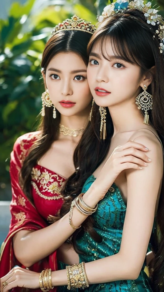 The percentage is the same for all races., All faces and photos must be different,Portraits of two vibrant and exotic goddesses,Silk lace,embroidery,Bracelet, Bangles:1.3,Ancient Hair Accessories,