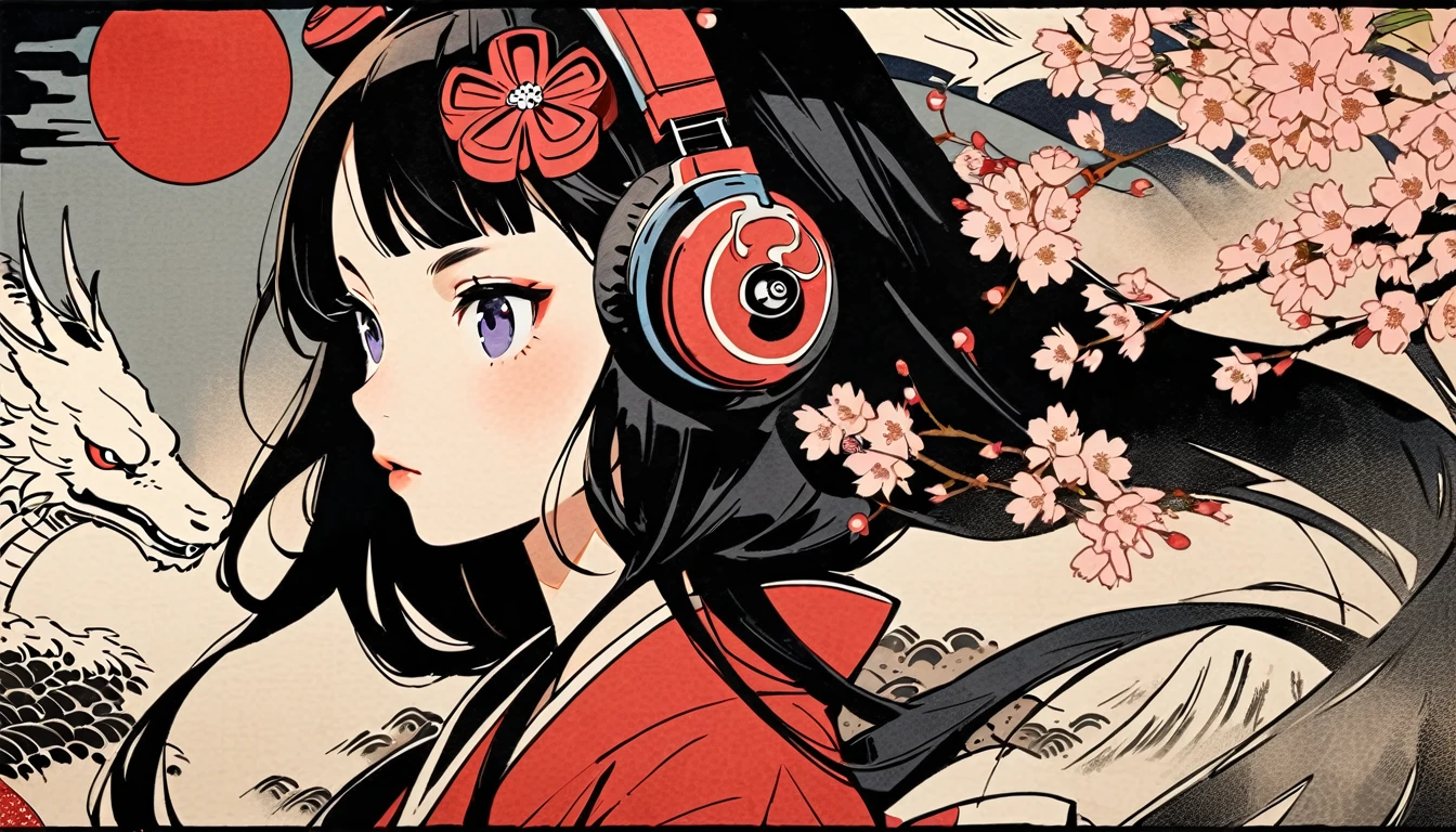 Highest quality, Katsushika Hokusai, Ink Painting, (((very straight longhair))), (((1 girl))), (((cherry blossoms))), Japanese style headphones, beautiful girl, Black Hair, Delicate and precise, Modern ukiyo-e style, white dragon