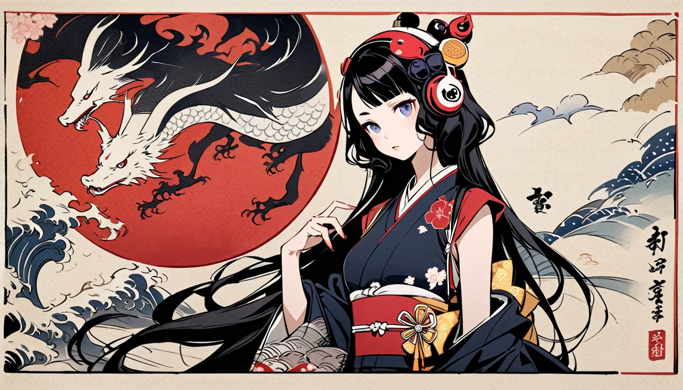 Highest quality, Katsushika Hokusai, Ink Painting, (((very straight longhair))), (((1 girl))), (((cherry blossoms))), Japanese style headphones, beautiful girl, Black Hair, Delicate and precise, Modern ukiyo-e style, white dragon