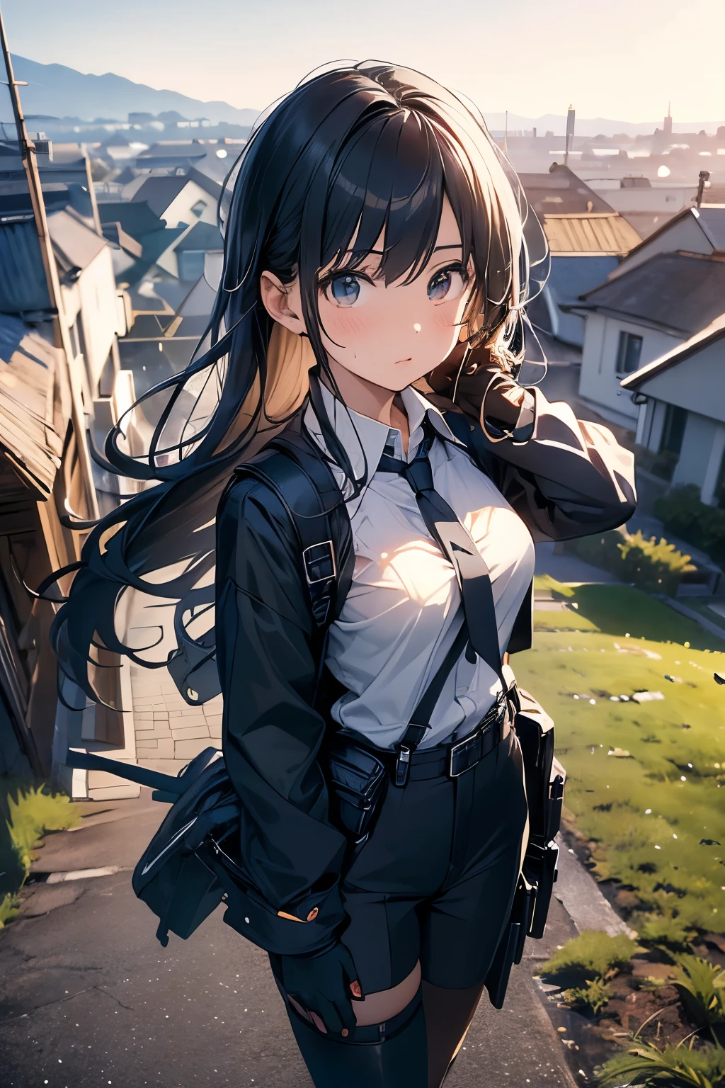 Highest quality, masterpiece, Ultra-high resolution, (realism: 1.4), Oil painting style, Cinema Lighting, An endless grassland dotted with a few houses, I stood on the empty asphalt road and looked at it., Fairy Mountain々was shrouded in mist, And the suspenders with the cranes flying Moderate breasts Small face holster Beautiful woman Lying in bed Looking up Sweat belt summer 脇Sweat Black Hole Gloves suit shirt Black jacket Black trousers Leg Links ズボンにbelt holster Nipples show through the top of clothes