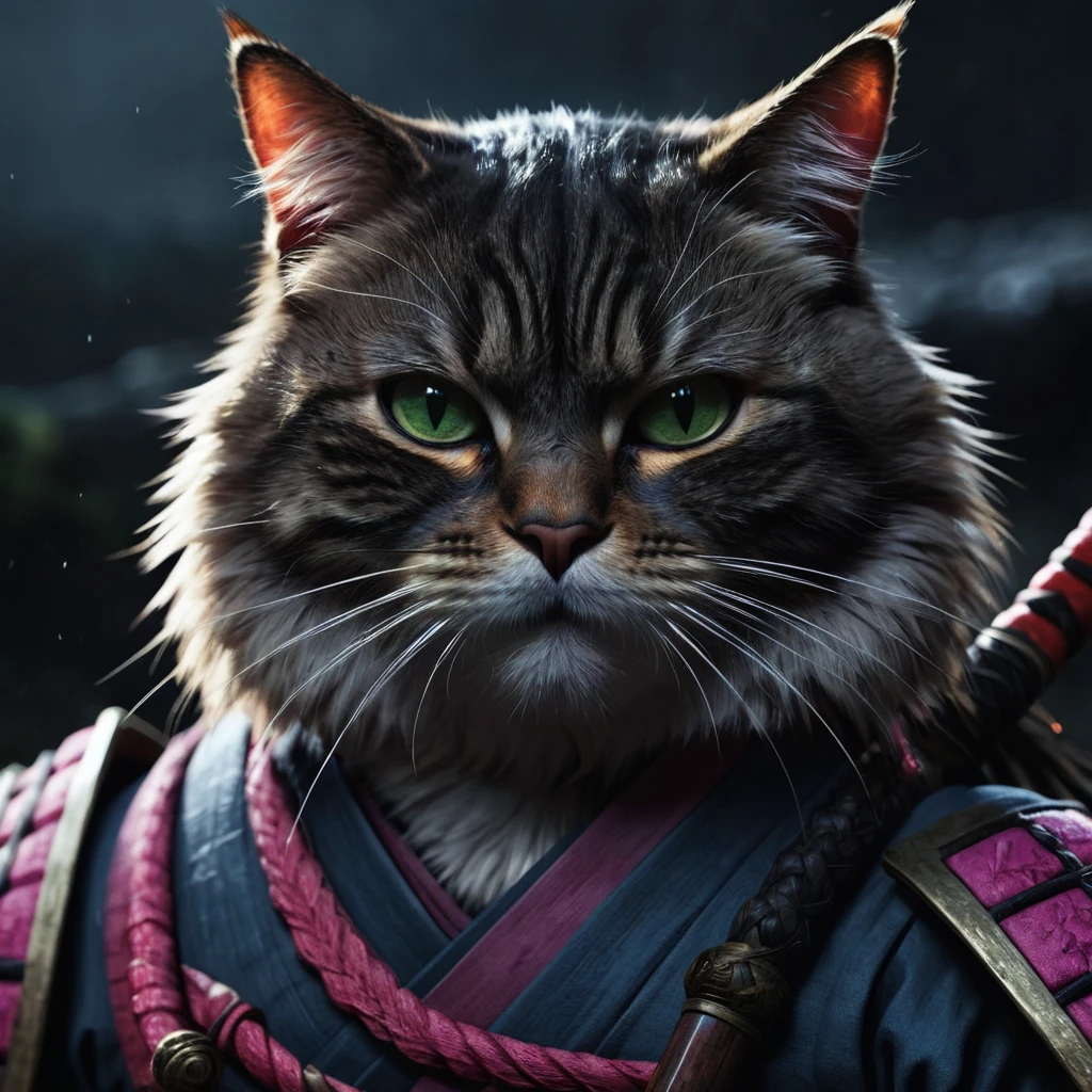 (closeup photo cinematic),a samurai cat, battlefield, 2D, colorful, dark atmosphere