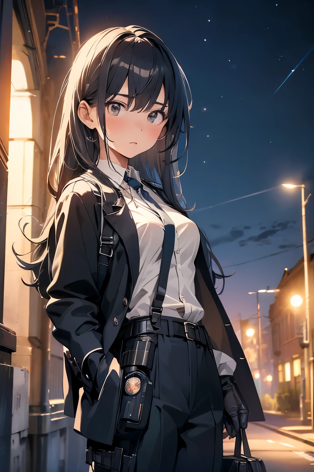 Highest quality, masterpiece, Ultra-high resolution, (realism: 1.4), Oil painting style, Cinema Lighting, An endless grassland dotted with a few houses, I stood on the empty asphalt road and looked at it., Fairy Mountain々was shrouded in mist, And the suspenders with the cranes flying Moderate breasts Small face holster Beautiful woman Lying in bed Looking up Sweat belt summer 脇Sweat Black Hole Gloves suit shirt Black jacket Black trousers Leg Links ズボンにbelt holster Nipples show through the top of clothes
